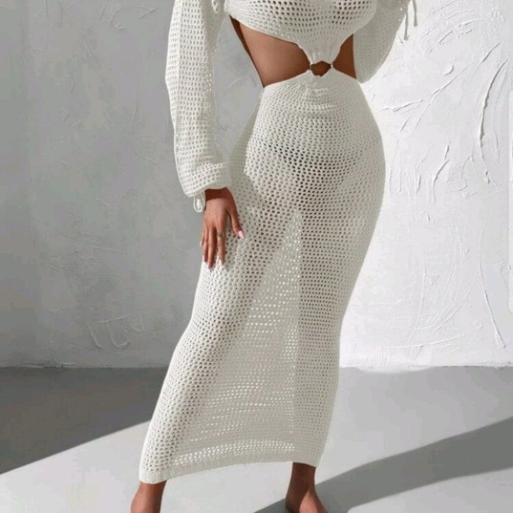 White knit cut out cover up dress summer beachy vacay - Picture 4 of 8
